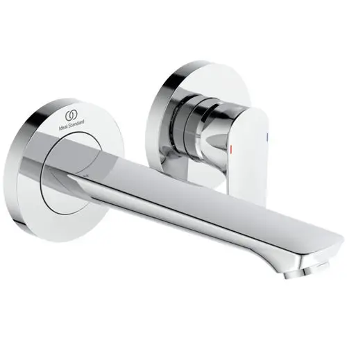 Wandmontierte Armatur in glänzendem Chrom, mit einem langen Auslauf. Von Ideal Standard, ausgestattet mit einem Steuerhebel zur Regelung von Wasserfluss und Temperatur.